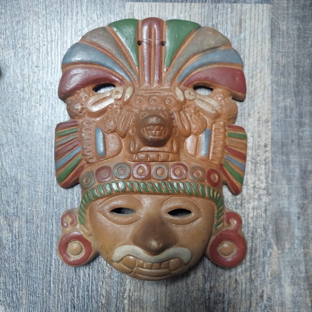 Vintage Mexican Terracotta Folk Art Mayan Mask